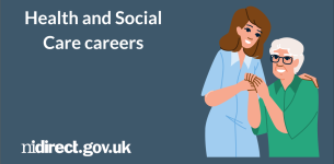 Health and Social Care careers: Graphic of a care worker holding the hand of an elderly woman.