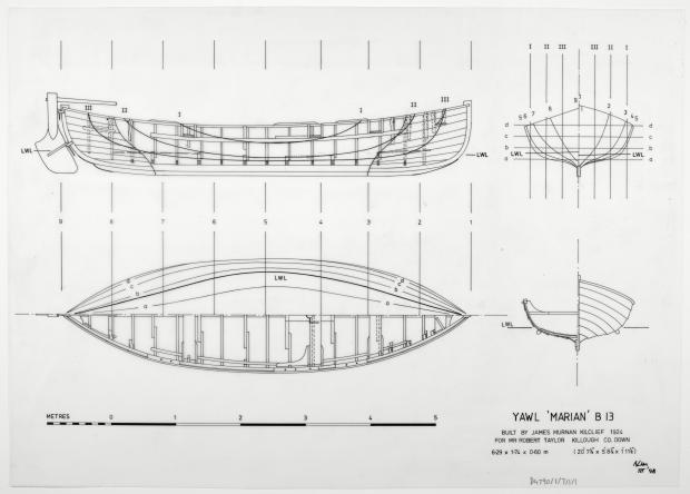 Line drawing by Harry Madill of a yawl, 'Marian'