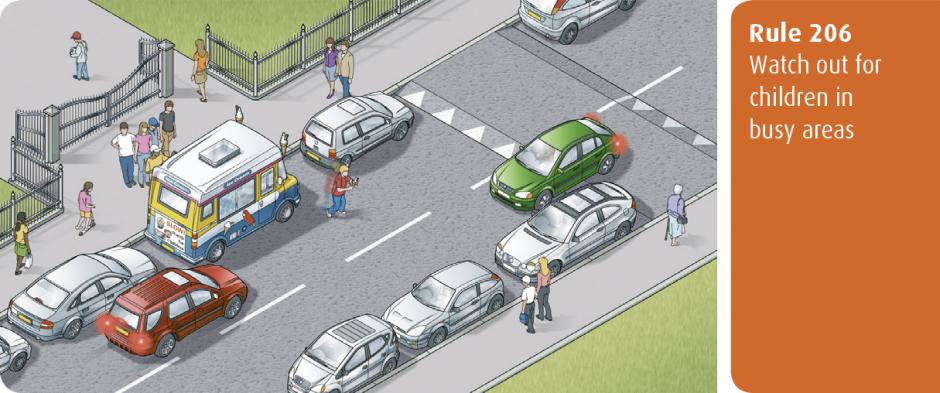 Highway Code for Northern Ireland rule 206 - watch out for children in busy areas