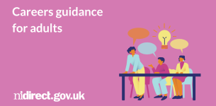Careers guidance for adults: A graphic image of three people around a table having a discussion as shown by speech bubbles above their heads. There is also the image of a lightbulb above their heads.