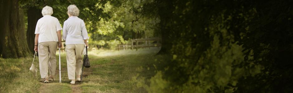 two elderly ladies walking side by side down a wooded path