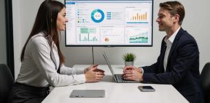 Image of a man and a woman looking at each other across a desk. In the background is a monitor displaying pie charts and graphs.