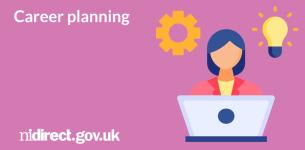 Career planning: A graphic of a person working at a laptop with the image of a lightbulb at the right of her head and a settings icon at the left of her head.
