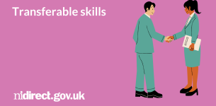 Transferable Skills: A graphic of a male employer shaking hands with a woman employee.