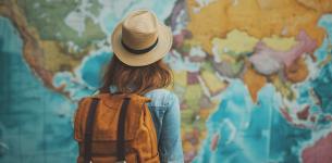 An image of a person wearing a hat and a backpack standing in front of a map of the world.