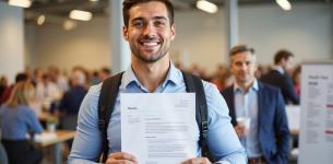 An image of a man holding a copy of his CV in front of him.