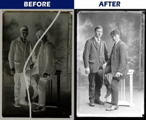 Image of a glass plate negative, before and after digitisation Image of a glass plate negative, before and after digitisation
