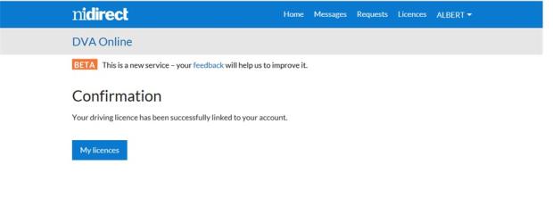 Confirmation message telling you your driving licence has been linked to your account