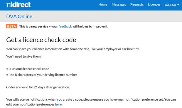 Photo of get a licence check code screen