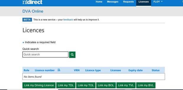 Screen for linking your driving licence with 6 green buttons in the middle of the screen and the first on the left is called 'Link my Driving Licence'