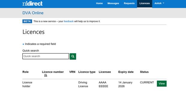 Photo of licence details view screen