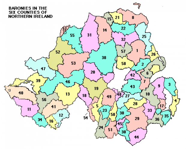 Map of Northern Ireland showing the outlines of each of the 59 baronies