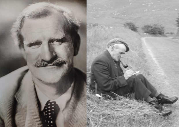 Portrait photograph of a man with a moustache and photograph of a man smoking a pipe and writing in a notebook while sitting on the side of the road