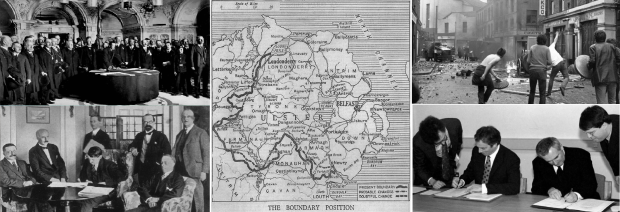 Collage of images including the signing the Ulster Covenant, the signing of the Anglo-Irish Treaty, a map of Ulster showing the proposed Northern Ireland border in the 1920s, young people rioting during the Troubles and the signing of the Good Friday Agreement