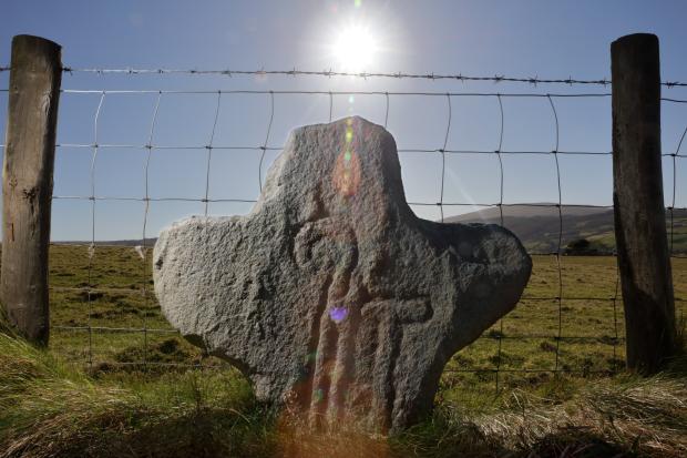 Image of a small medieval stone cross with a carving of a bishop's crook. The cross stands in a field in front of a wire fence.