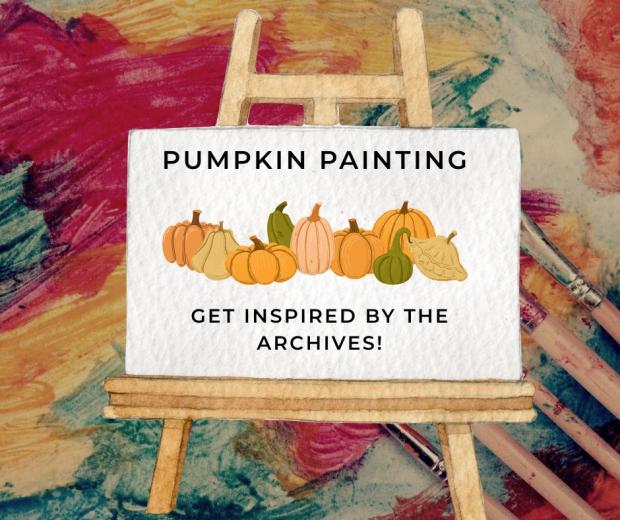 advertisement for pumpkin painting workshop showing an easel with pumpkins painted on it