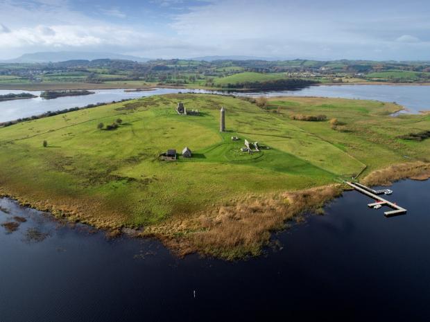 Aerial photograph of an island with ruins