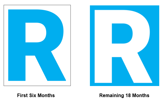 Image shows two coloured versions of an R Plate. one has a blue R on a white background, one has a white R on a blue background