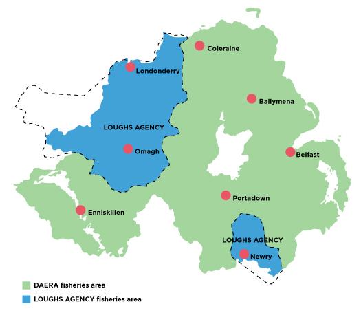 Map showing DAERA and Loughs Agency fishing areas in Northern Ireland