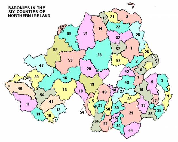 Map showing baronies in the six counties of Northern Ireland