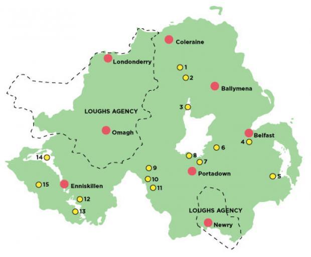 Map showing bream, roach, perch, tench and rudd fisheries in Northern Ireland