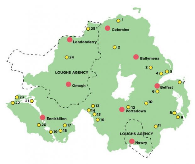 Map showing fisheries in Northern Ireland with disabled access