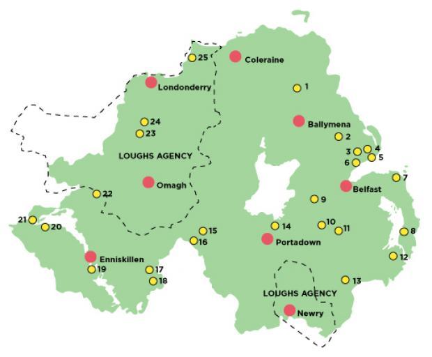 Map showing stocked trout fisheries in Northern Ireland