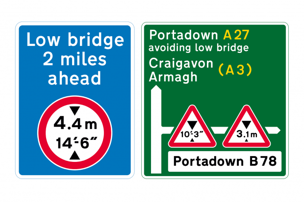 Examples of low bridge road signs showing height restrictions