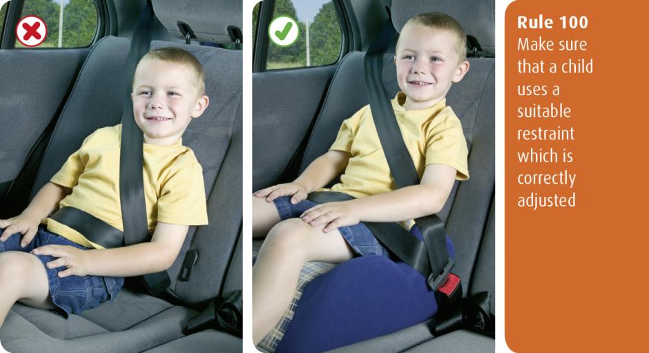 Highway Code for Northern Ireland rule 100 - make sure that a child uses a suitable restraint which is correctly adjusted