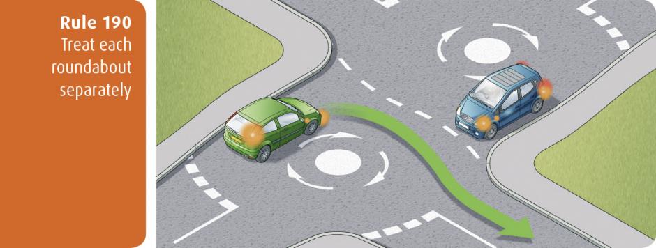 Highway Code for Northern Ireland rule 190 - treat each roundabout separately