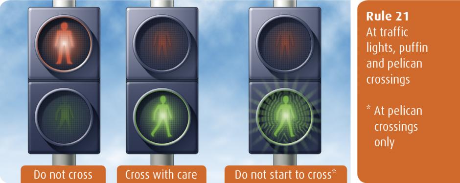 Rule 21 - at traffic lights, puffin and pelican crossings *At pelican crossings only Highway Code for Northern Ireland rule 21 - at traffic lights, puffin and pelican crossings *At pelican crossings only