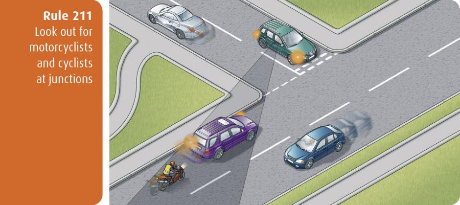 Highway Code for Northern Ireland rule 211 - look out for motorcyclists and cyclists at junctions