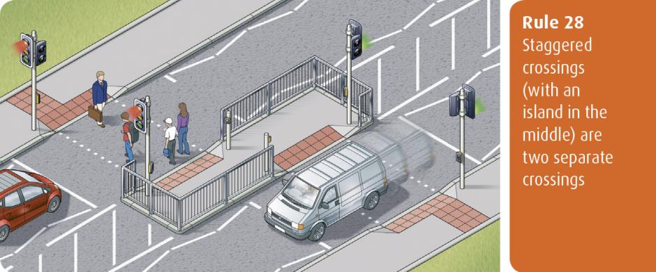 Highway Code for Northern Ireland rule 28 - staggered crossings (with an island in the middle) are two separate crossings