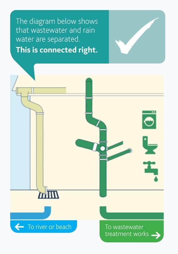 Diagram shows house wiith separate drain connections for rainwater and wastewater 